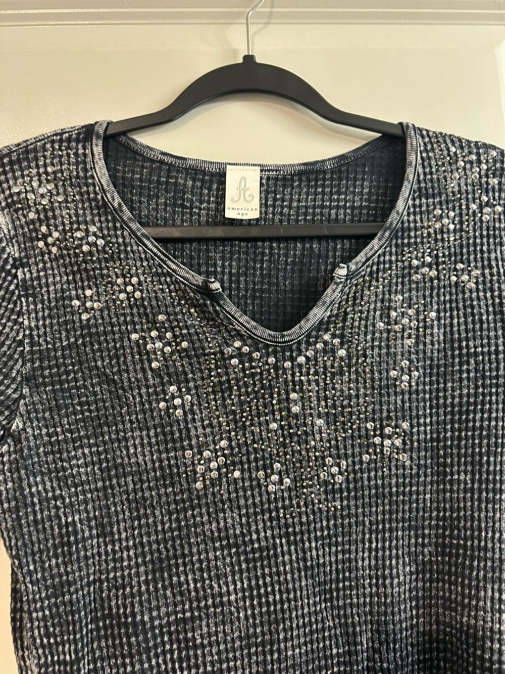 American Age Black Waffle-Knit Sweatshirt with Sequin Embellishment